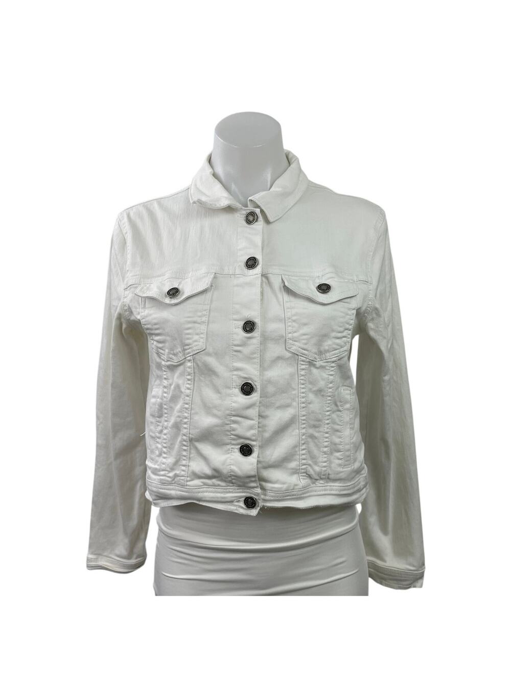KanCan Women's White Long Sleeve Button Down Denim Jean Trucker Jacket Size M